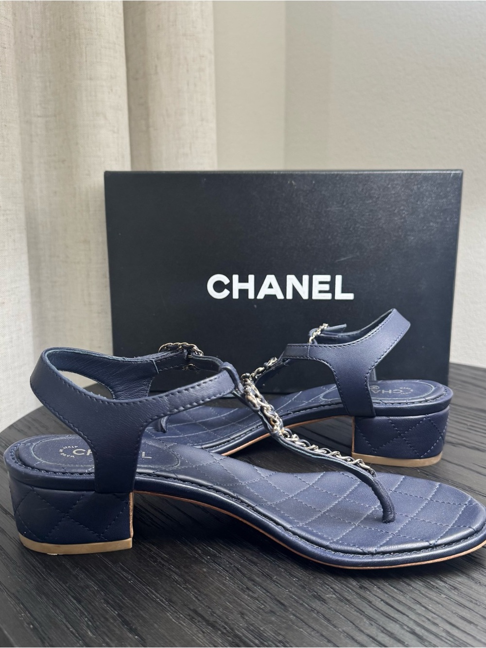 Chanel CC Chain Strap Thong Sandals Leather Navy Blue 37.5 - Picture 4 of 9